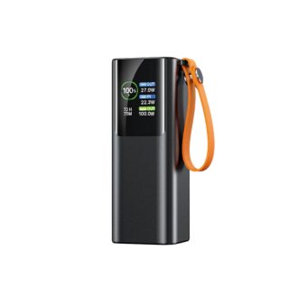Μαύρο powerbank με ενσωματωμένο καλώδιο Type-C και φακό
