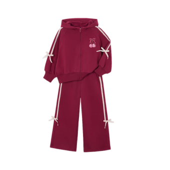 Μπορντό σετ fleece ζακέτα με φιόγκους και  παντελόνι φόρμας
